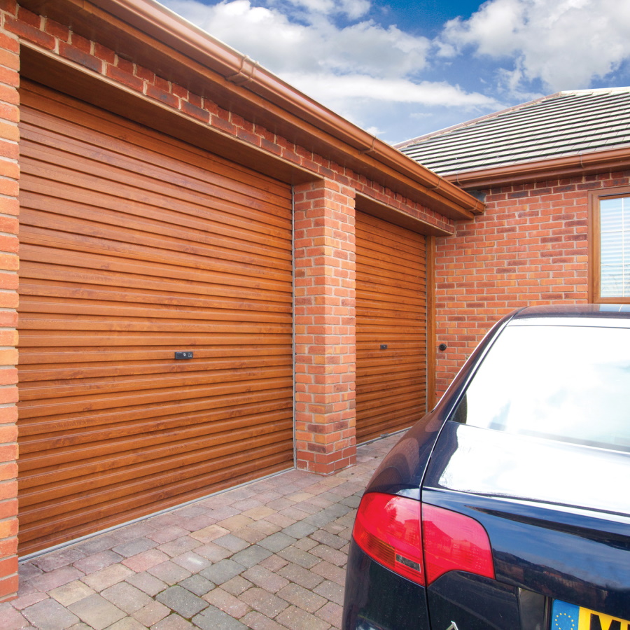 2 brown wooden textured garage doors together